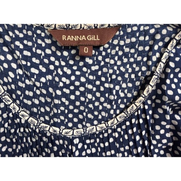 Ranna Gill Women's Sleeveless Ruffled Top Embroidered Hem Polka Dots Blue Size 0 - Picture 3 of 8